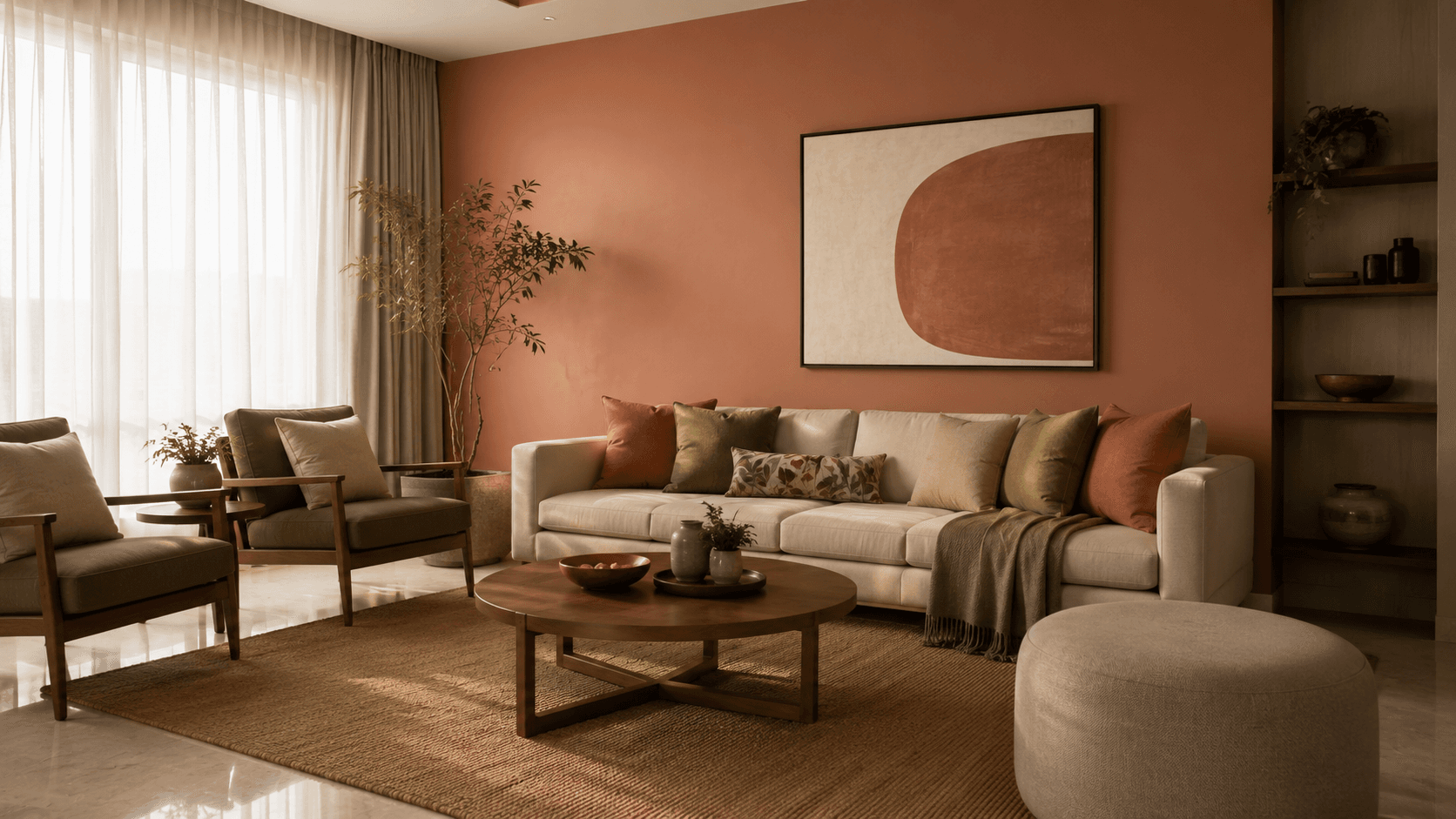 Living room styled with a warm terracotta colour palette Delhi NCR by IndecSpace