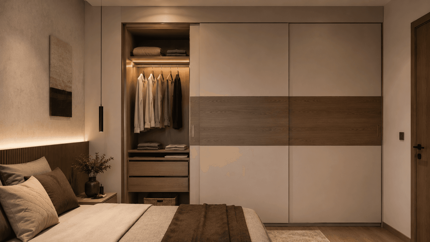 Dual-tone sliding wardrobe design for master bedroom Delhi NCR by IndecSpace