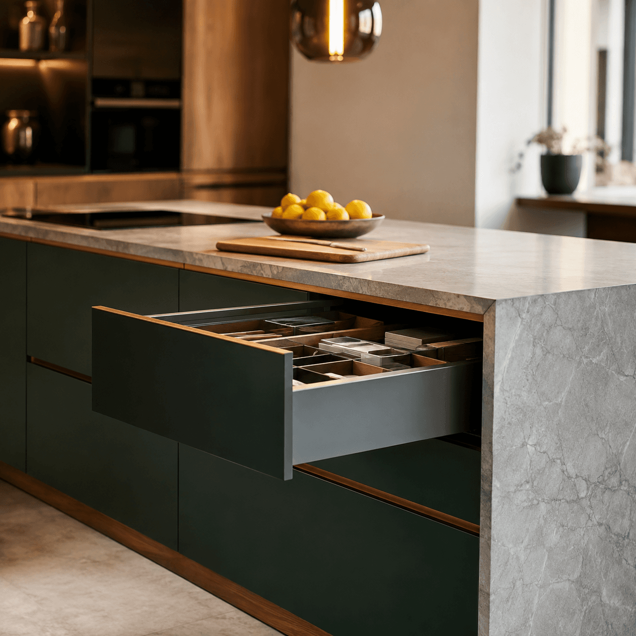 Modular kitchen island with open drawer storage Delhi NCR by IndecSpace