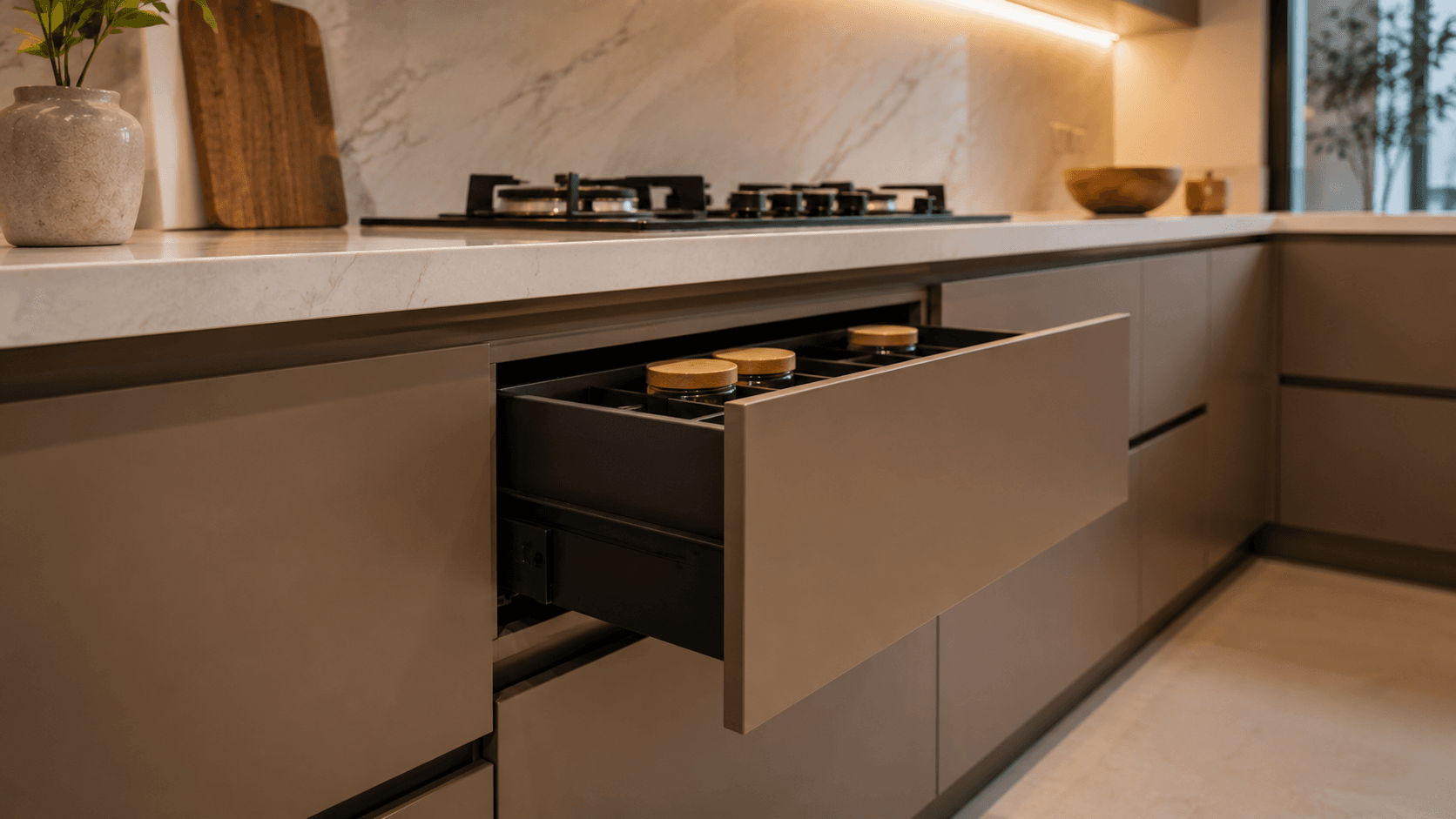 Modular kitchen soft-close drawer with branded hardware detail Delhi NCR by IndecSpace