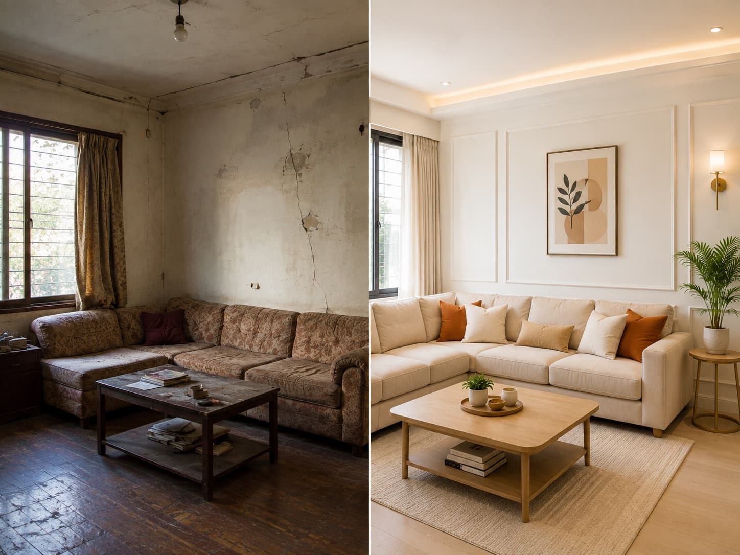 Before and after renovated living room wall panelling Delhi NCR by IndecSpace
