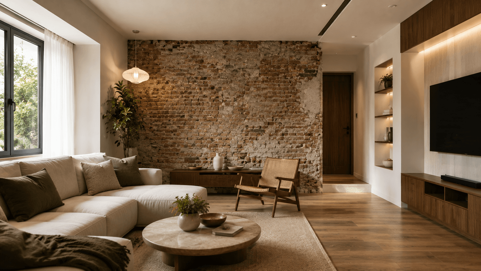 Renovated living room with exposed brick feature wall and warm wood flooring Delhi NCR by IndecSpace
