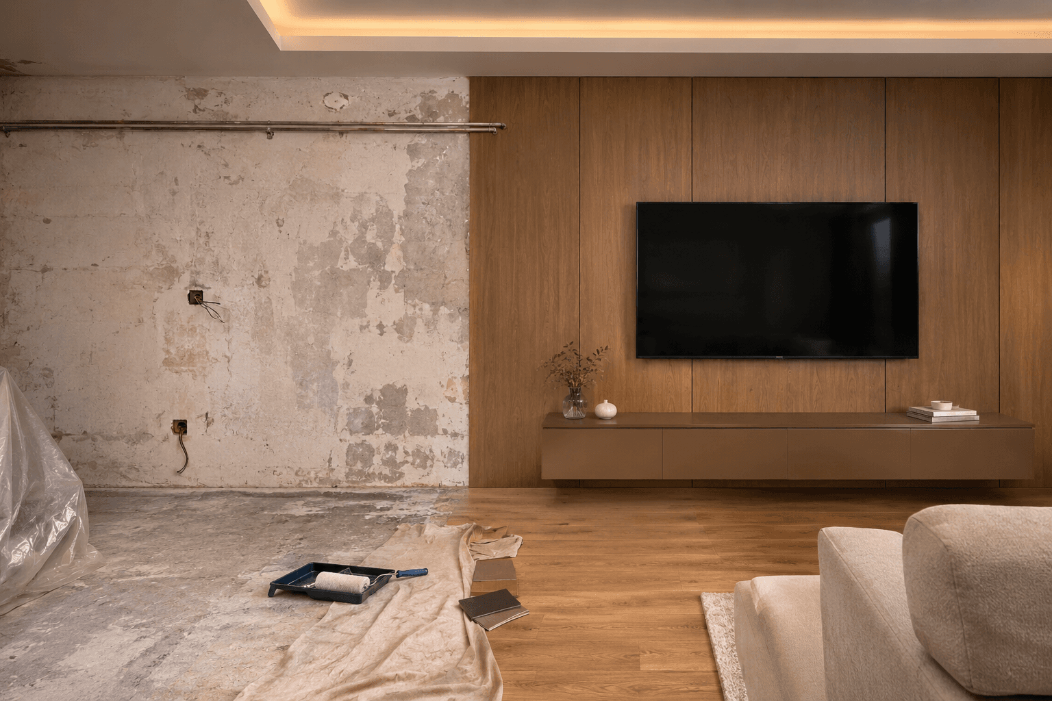 Before and after renovated living room wall panelling Delhi NCR by IndecSpace