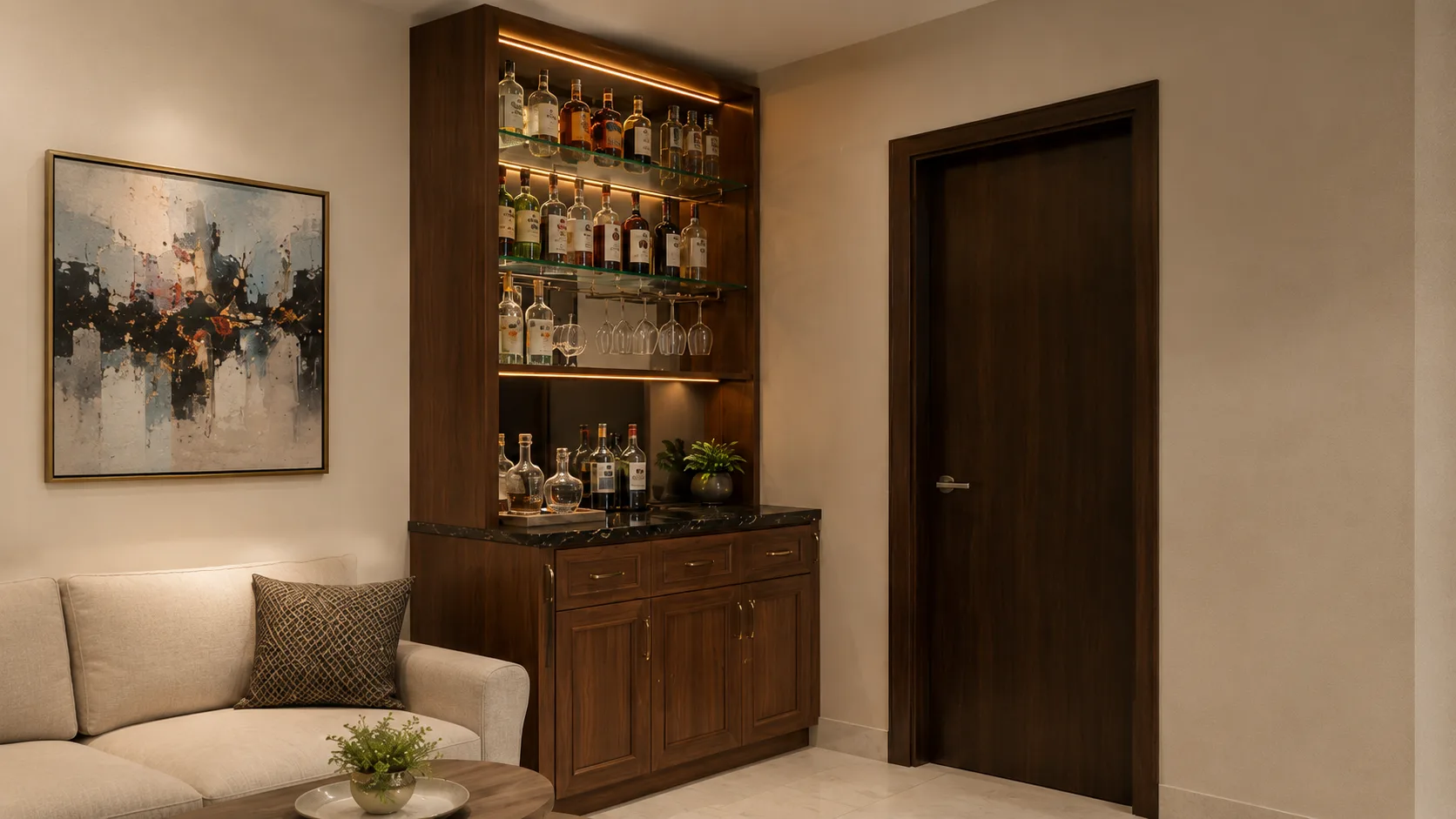 Walnut Contemporary Home Bar with Tiered Shelving and a Prep Counter | Interior Design Idea by IndecSpace