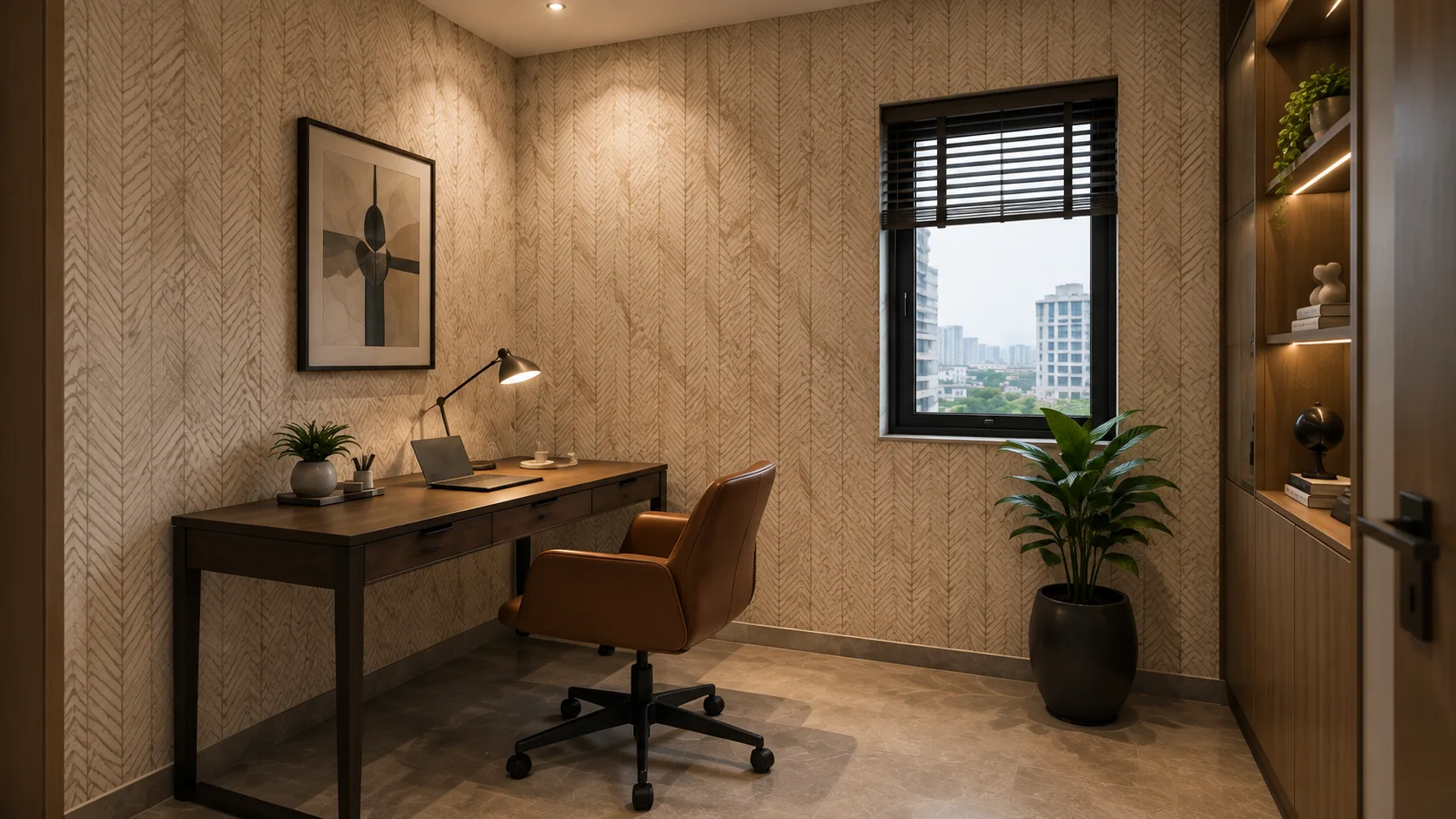 Modern Home Office Wallpaper in a Beige Herringbone Leaf Pattern | Interior Design Idea by IndecSpace