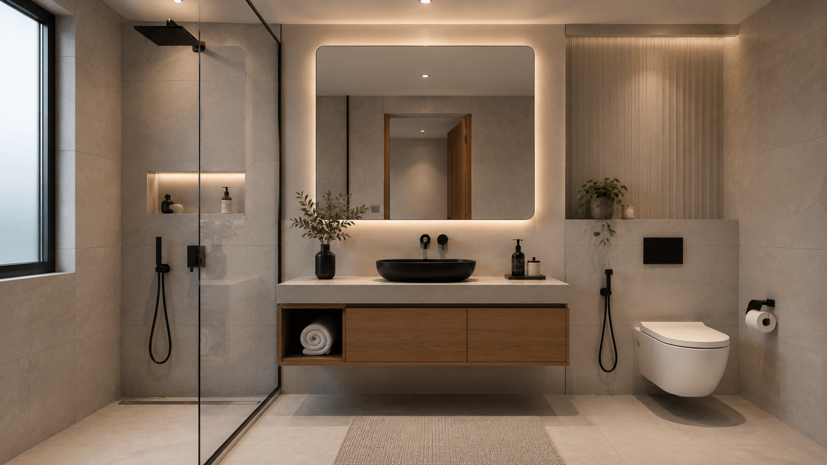 Renovated bathroom with floating vanity and matte black fixtures Delhi NCR by IndecSpace