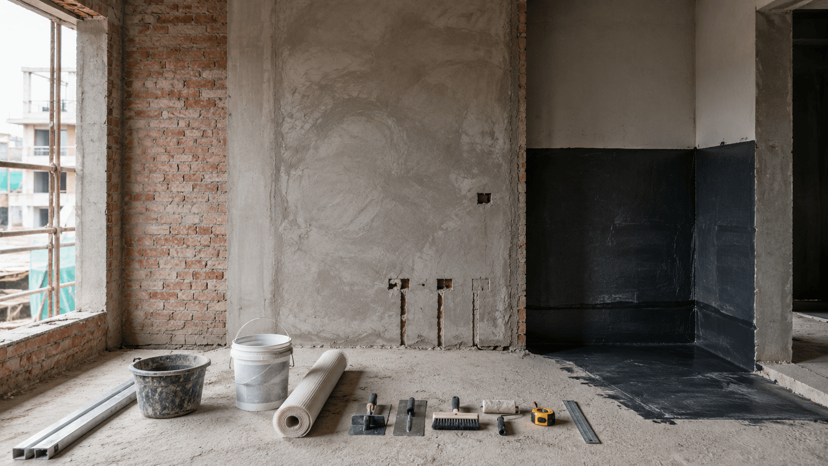 Civil work site showing masonry and waterproofing execution Delhi NCR by IndecSpace
