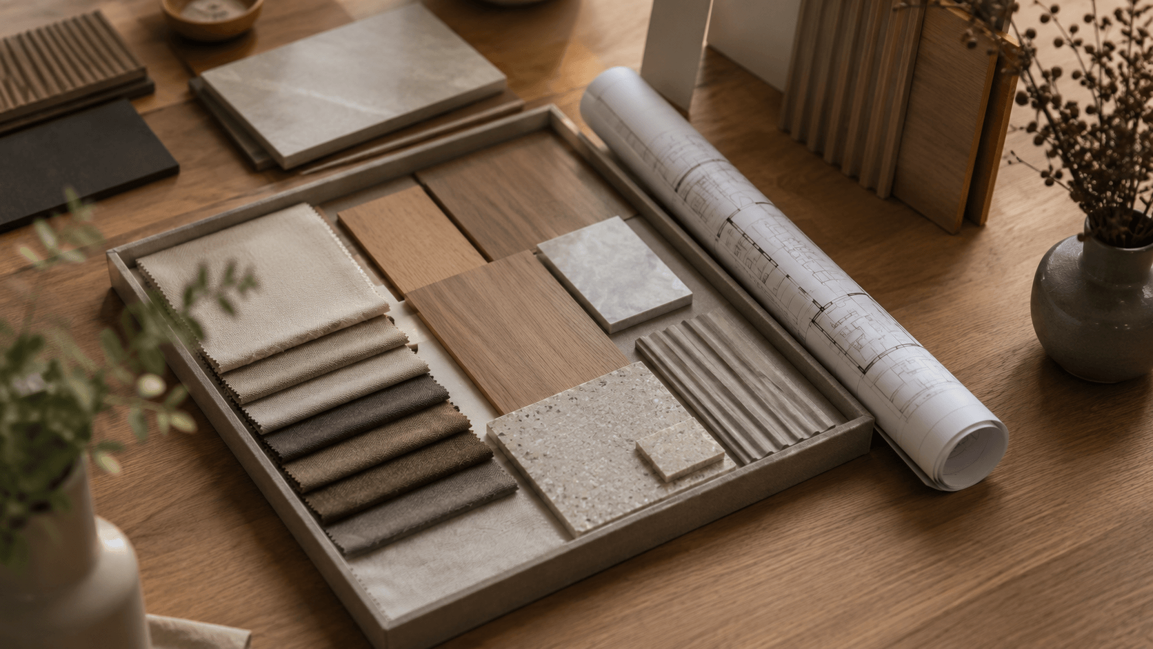 Interior design material sample board with floor plan Delhi NCR by IndecSpace