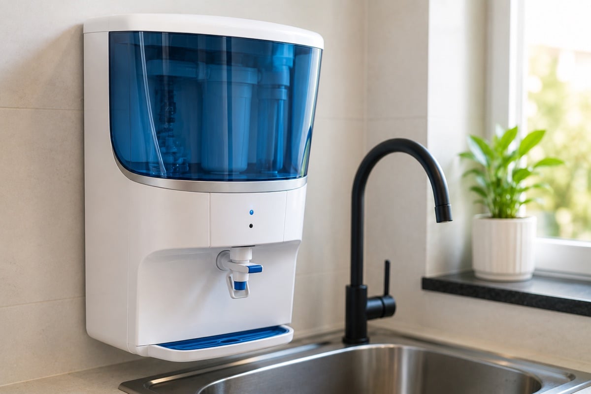 Water purifier appliance near a kitchen sink by IndecSpace