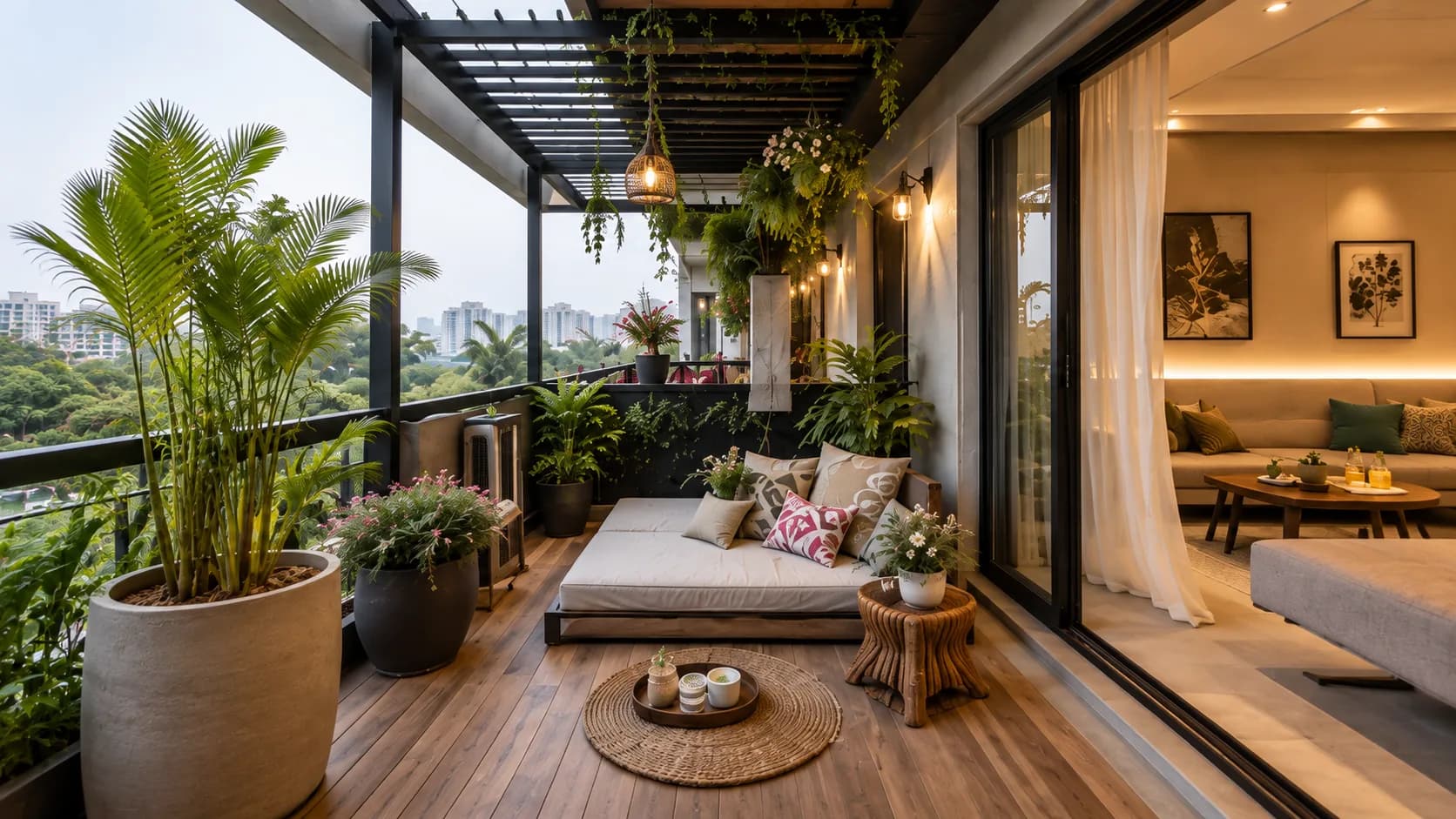 Bohemian Balcony with a Pergola, Daybed and Wood Deck | Interior Design Idea by IndecSpace