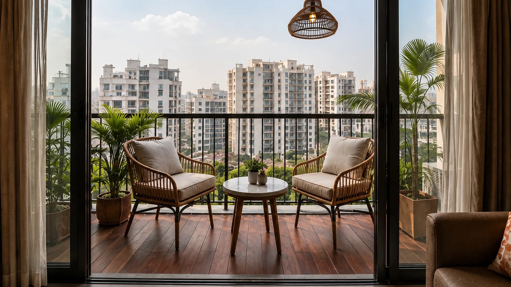 Contemporary Balcony with Rattan Chairs and a City View | Interior Design Idea by IndecSpace