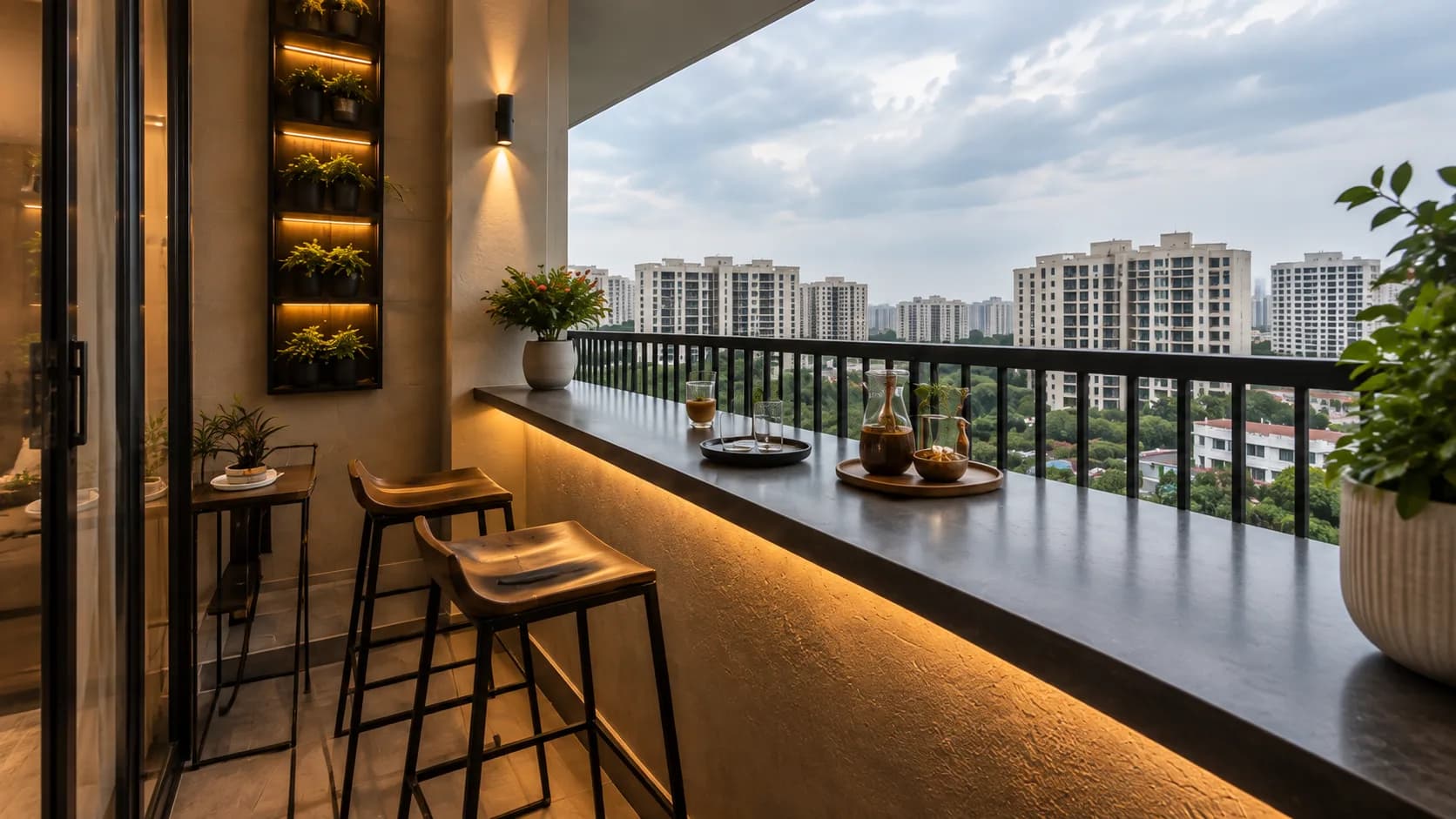 Modern Balcony Bar with a Dark Stone Counter and Wood Stools | Interior Design Idea by IndecSpace