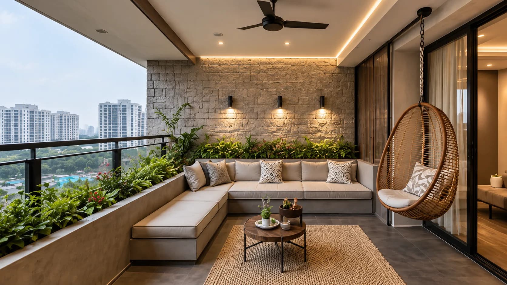 Modern Balcony Lounge with an L-Shaped Sofa and Hanging Egg Chair — view 1 | IndecSpace
