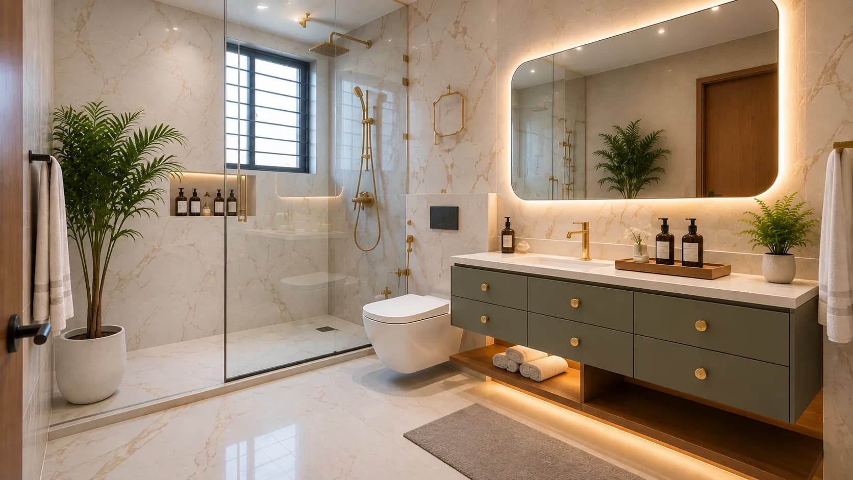 Classic Contemporary Bathroom with White Marble Walls and a Sage Vanity | Interior Design Idea by IndecSpace