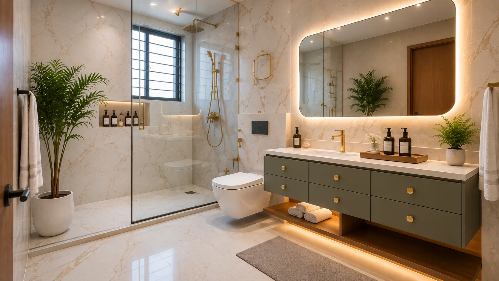 Classic Contemporary Bathroom with White Marble Walls and a Sage Vanity | Interior Design Idea by IndecSpace