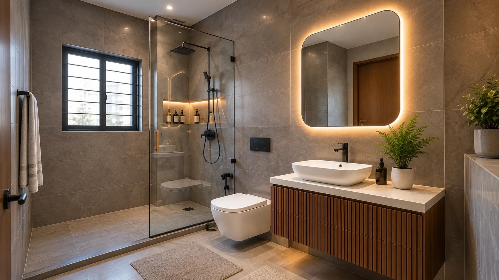 Contemporary Bathroom with Grey Stone Tiles and a Ribbed Walnut Vanity — view 1 | IndecSpace