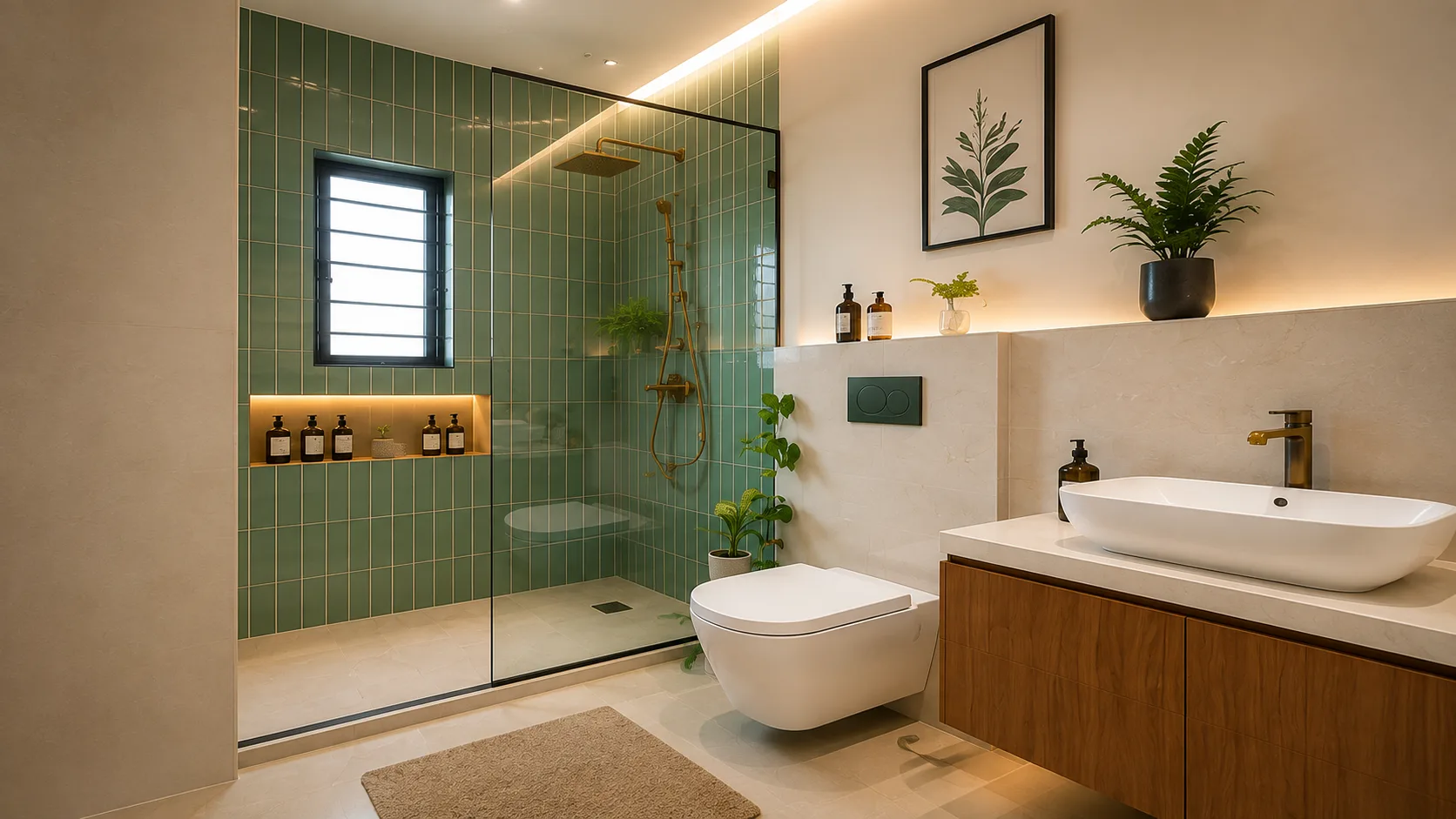 Contemporary Bathroom with Sage Shower Tiles and a Wood Vanity | Interior Design Idea by IndecSpace