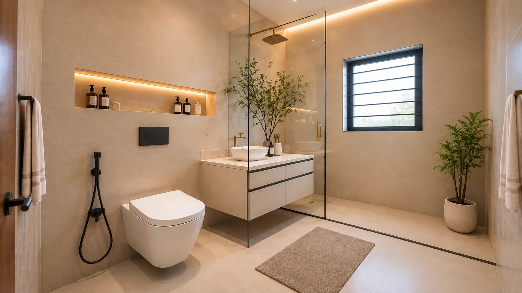 Minimalist Beige Bathroom with a Walk-In Shower and Floating Vanity | Interior Design Idea by IndecSpace