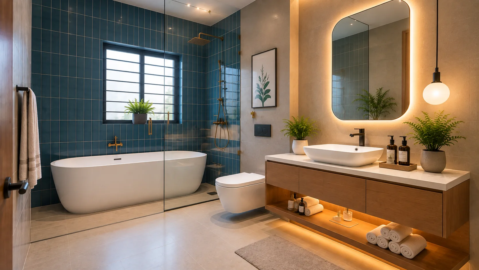 Modern Bathroom with Deep Blue Tiles, a Freestanding Tub and Walnut Vanity | Interior Design Idea by IndecSpace