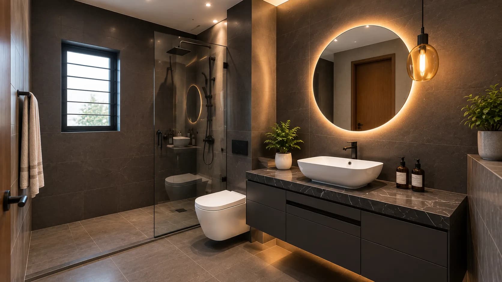 Sculptural Modern Bathroom with Charcoal Stone Walls and a Round Backlit Mirror | Interior Design Idea by IndecSpace