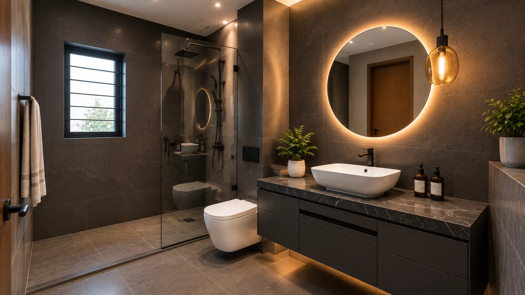 Sculptural Modern Bathroom with Charcoal Stone Walls and a Round Backlit Mirror — view 1 | IndecSpace