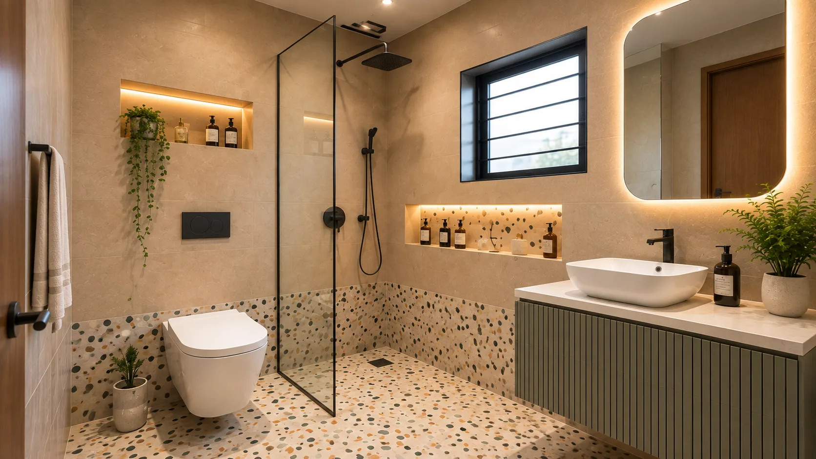 Warm Minimalist Bathroom with a Terrazzo Floor and Olive Vanity | Interior Design Idea by IndecSpace