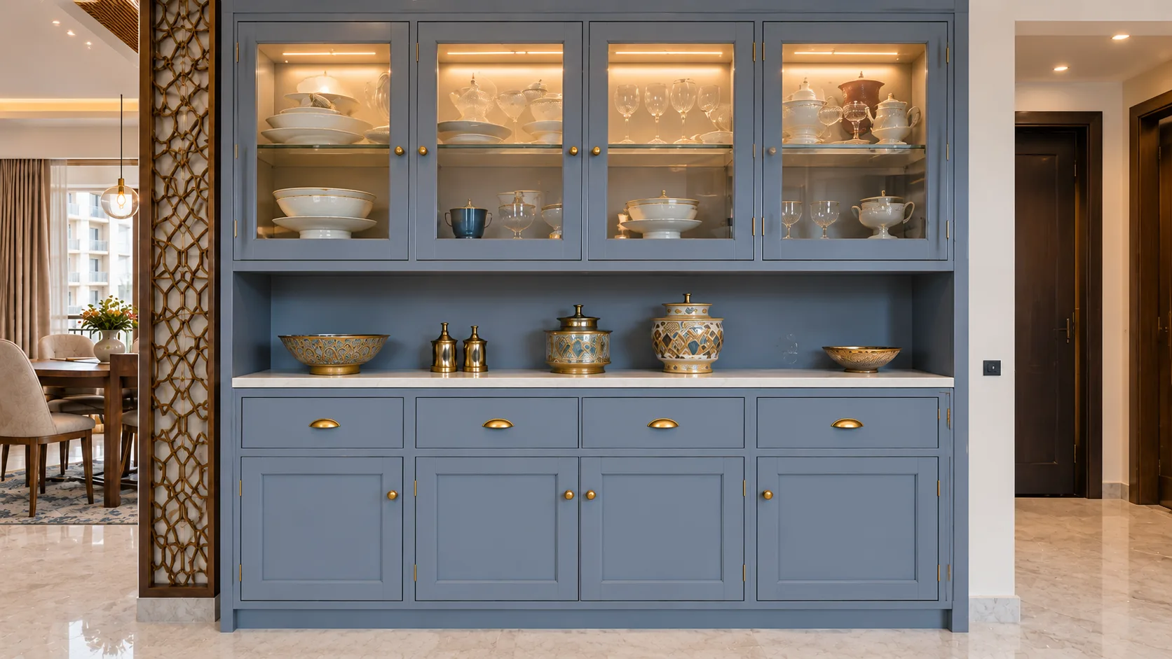 Classic Contemporary Blue-Grey Crockery Unit with Glass Cabinets and Brass Hardware | Interior Design Idea by IndecSpace