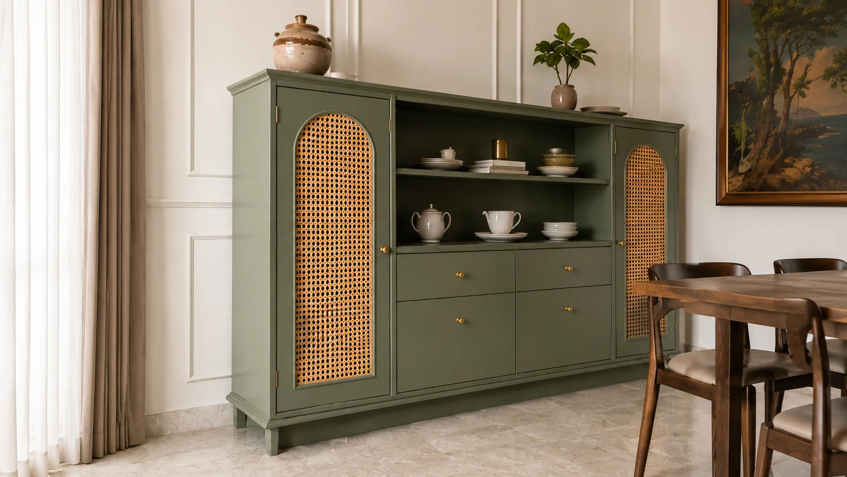 Classic Sage Green Crockery Unit with Arched Cane Doors | Interior Design Idea by IndecSpace