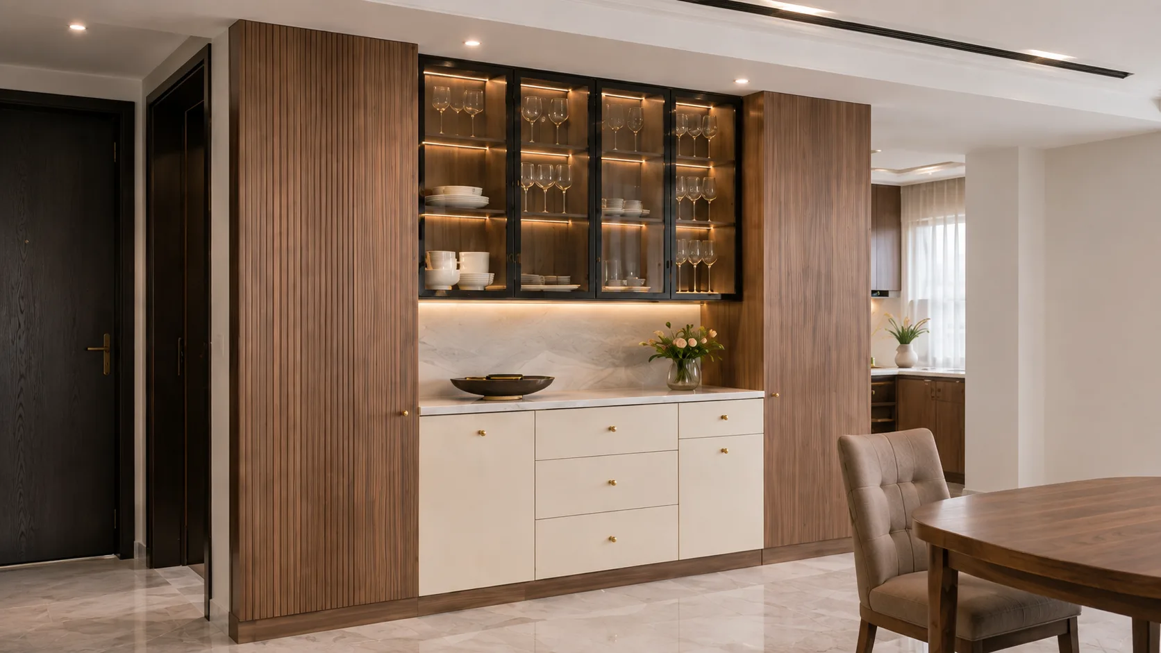 Contemporary Built-In Crockery Unit with Fluted Walnut and Black Glass | Interior Design Idea by IndecSpace