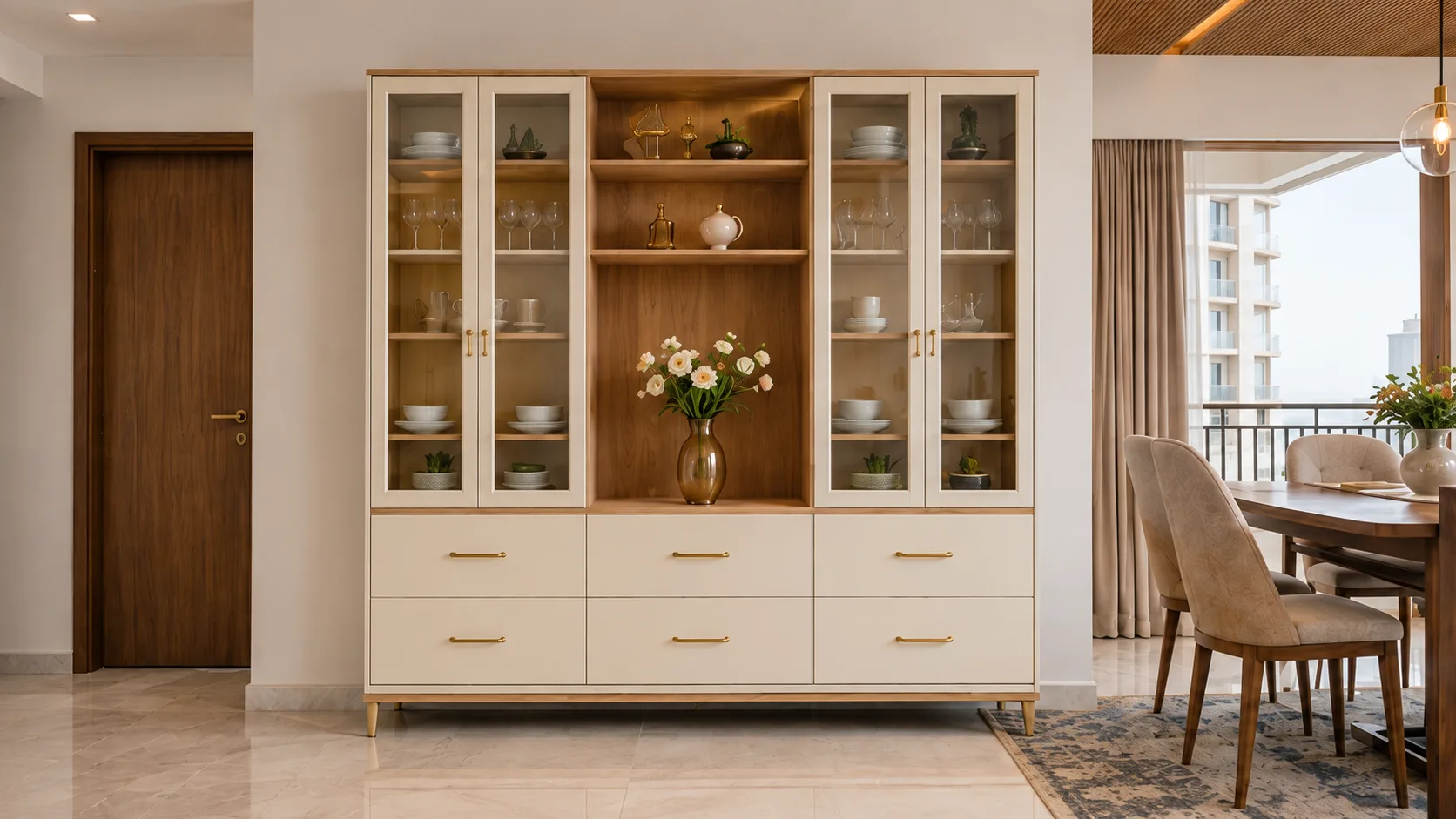 Contemporary Cream and Oak Crockery Unit with Glass Cabinets | Interior Design Idea by IndecSpace