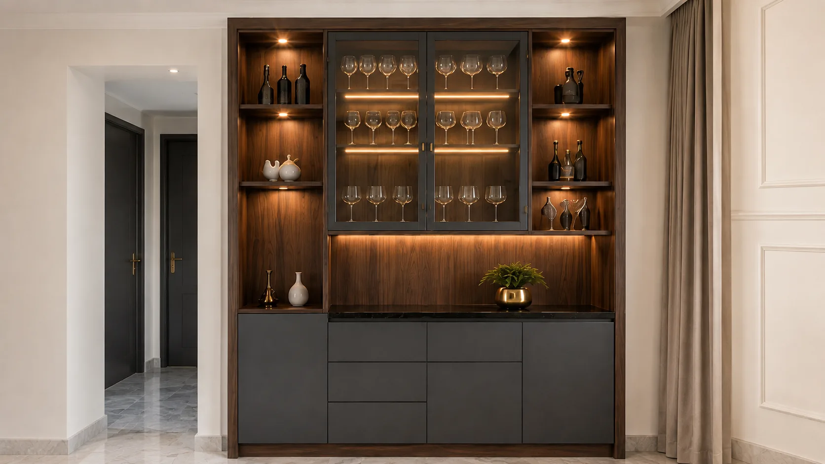 Modern Walnut and Charcoal Crockery Unit with Warm Display Lighting | Interior Design Idea by IndecSpace