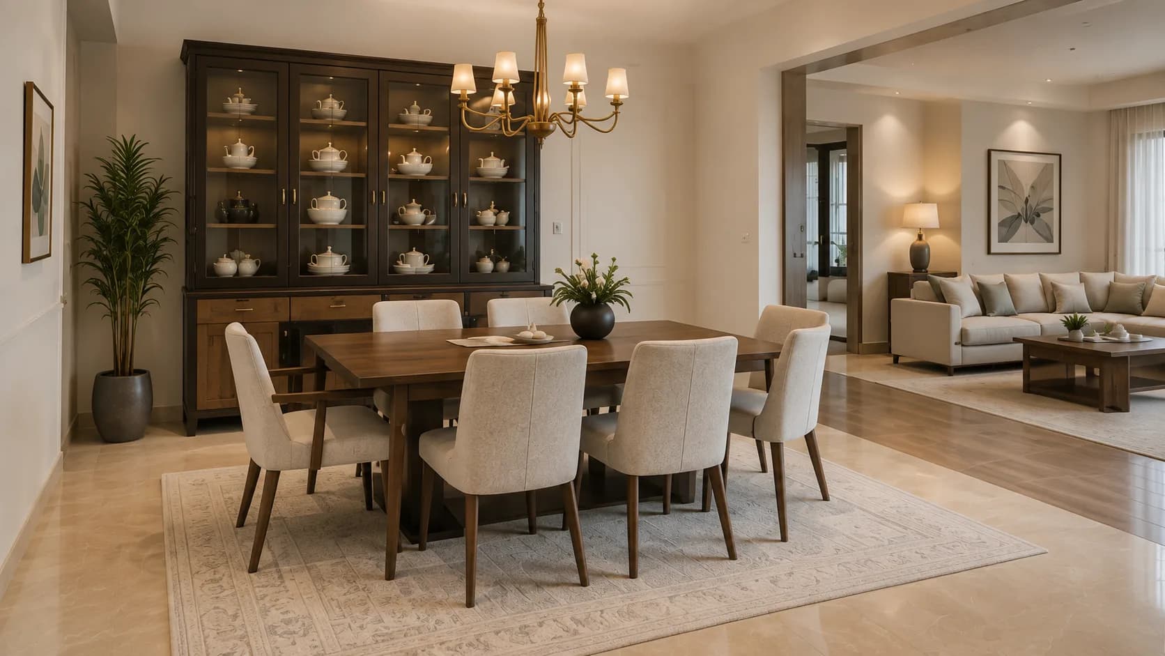 Classic Contemporary Open-Plan Dining Room with a Dark Wood Crockery Cabinet | Interior Design Idea by IndecSpace