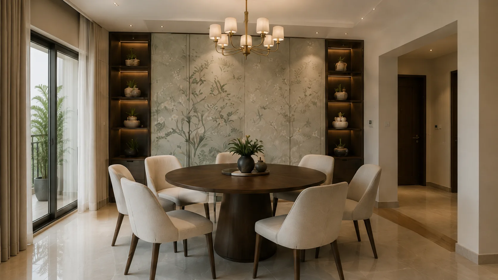 Classic Contemporary Round Dining Room with a Botanical Mural | Interior Design Idea by IndecSpace