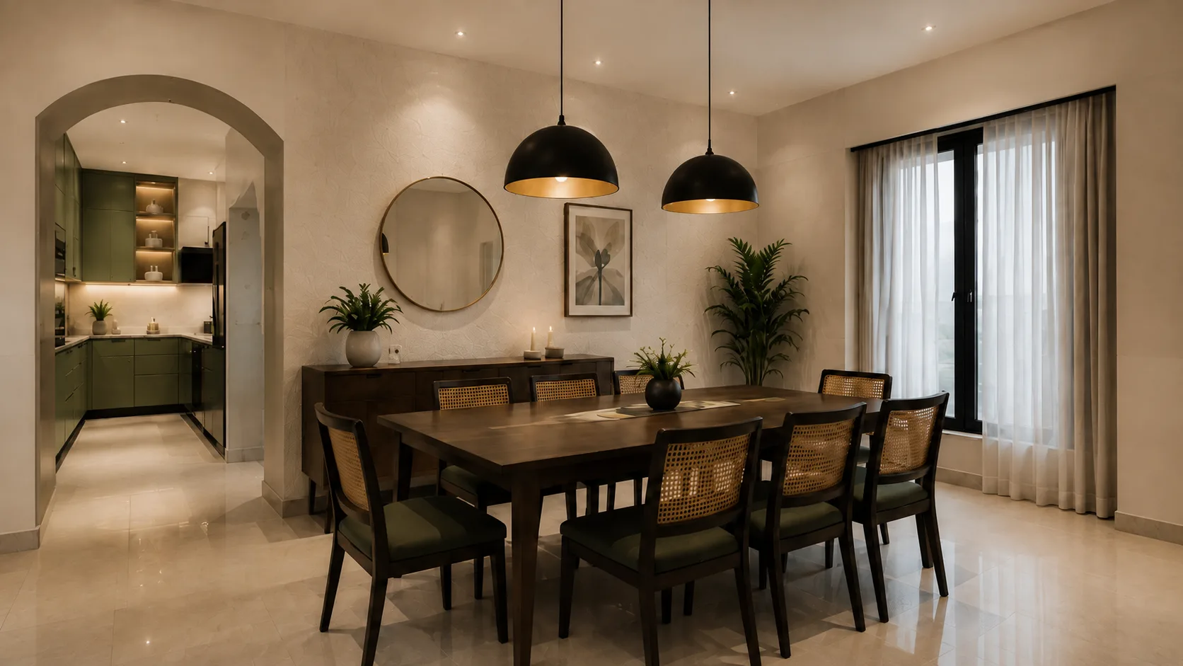 Contemporary Dark Wood Dining Room with Cane-Back Chairs | Interior Design Idea by IndecSpace