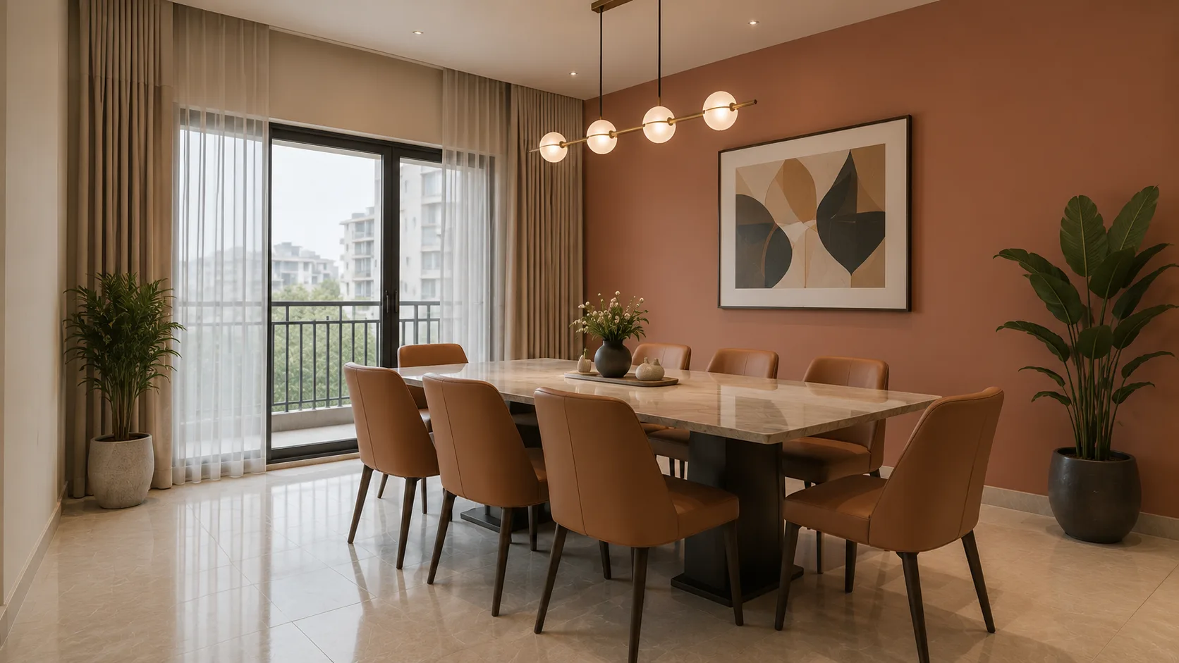 Contemporary Terracotta Dining Room with a Marble Table and Cognac Chairs | Interior Design Idea by IndecSpace