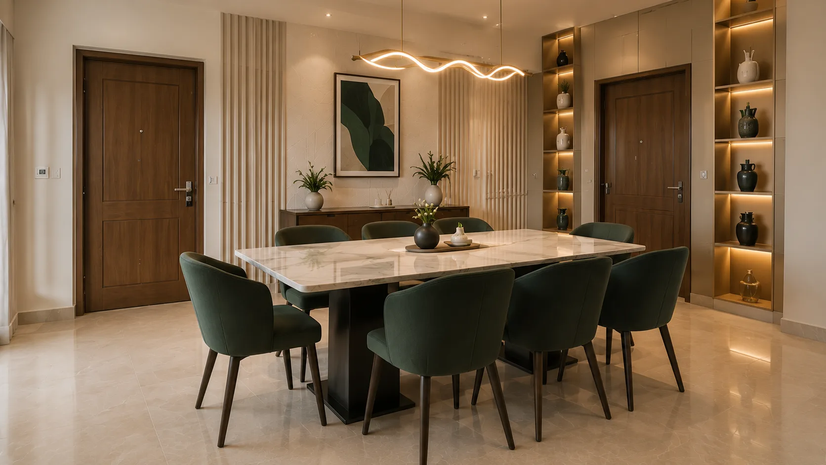 Modern Dining Room with Green Upholstered Chairs and a Sculptural Wave Pendant | Interior Design Idea by IndecSpace