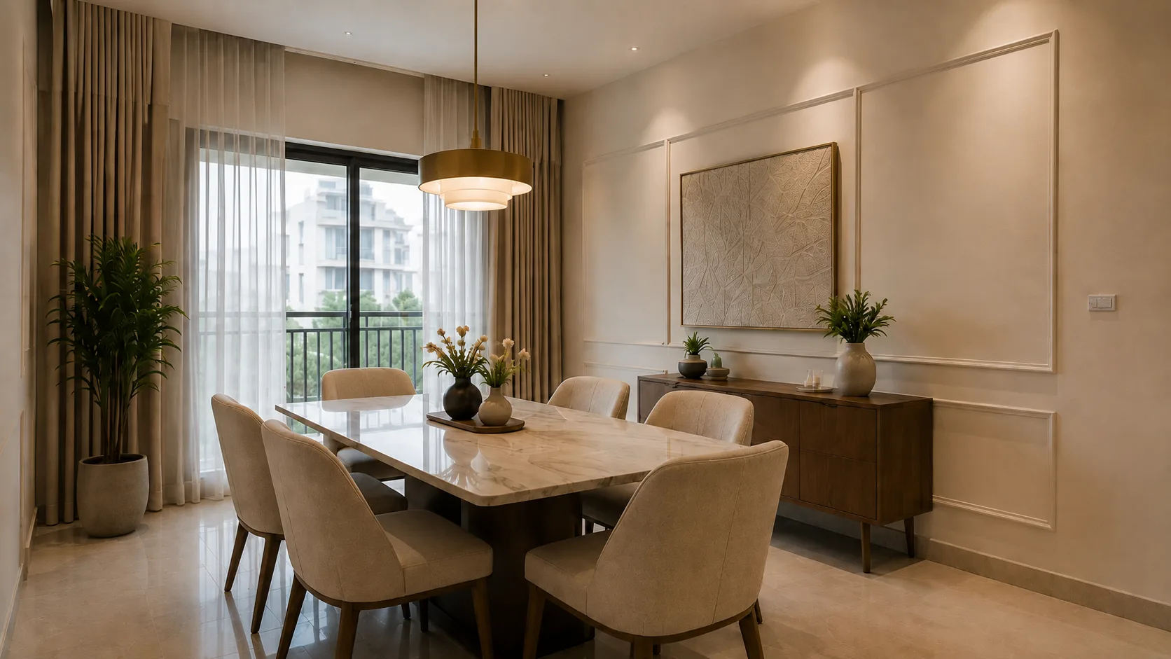 Warm Minimalist Dining Room with a White Marble Table and Beige Chairs | Interior Design Idea by IndecSpace