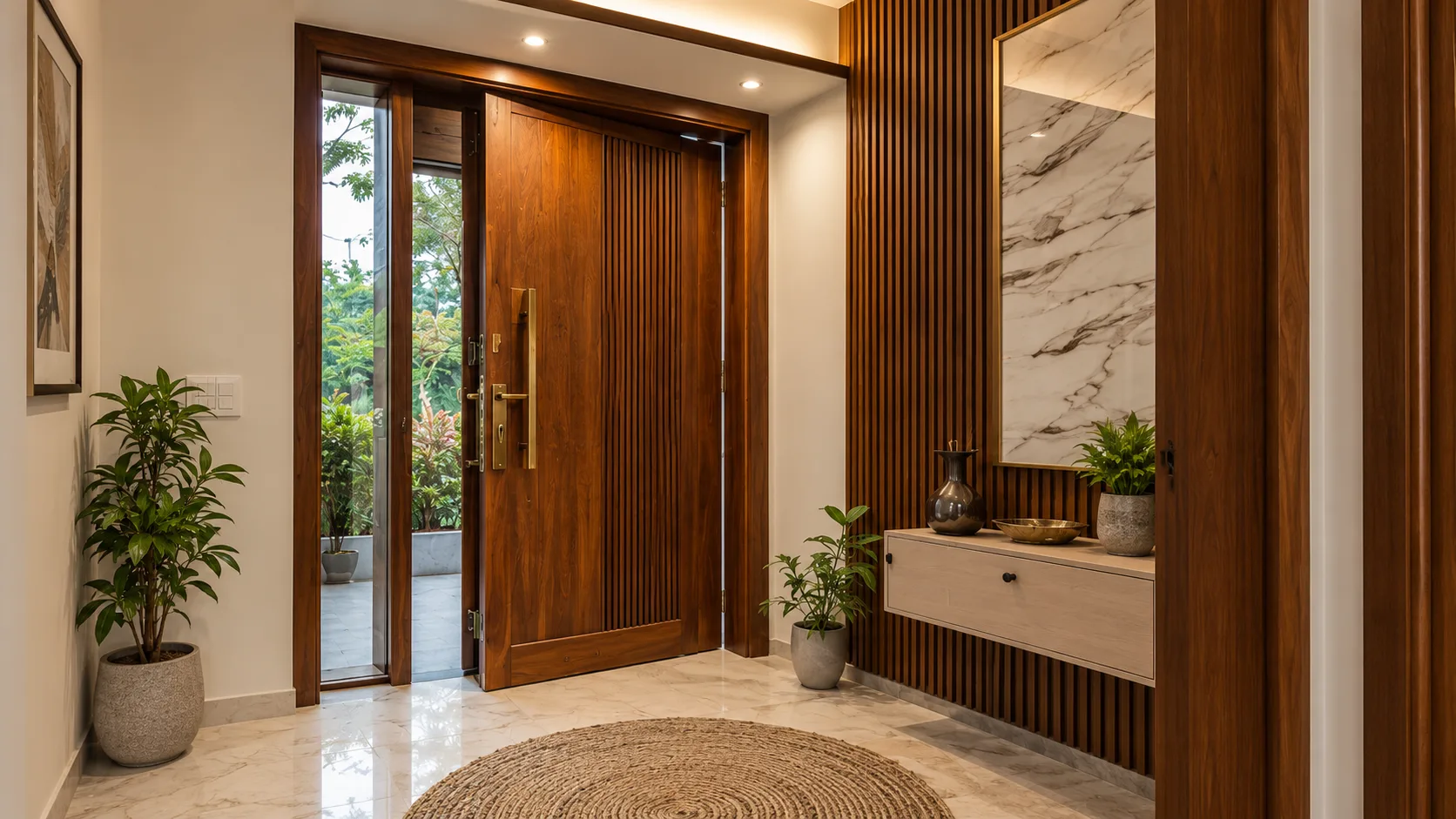 Contemporary Entrance Door with Vertical Wood Slats and a Brass Pull | Interior Design Idea by IndecSpace