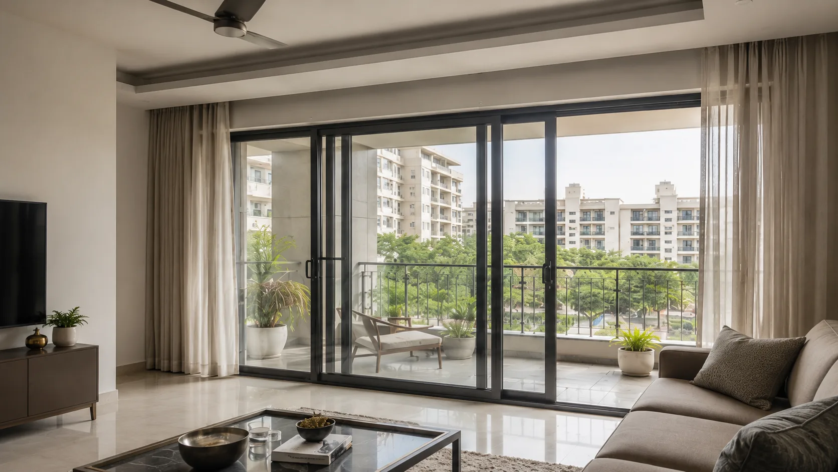 Contemporary Sliding Glass Door with a Black Aluminium Frame | Interior Design Idea by IndecSpace