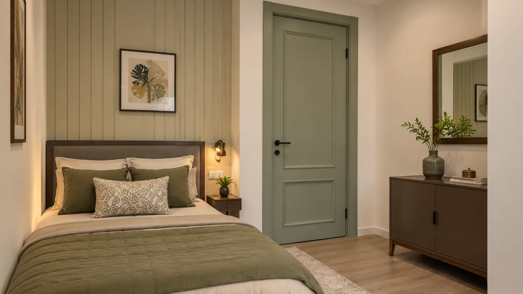 Modern Sage Green Door with Classic Moulding and a Matt Finish | Interior Design Idea by IndecSpace