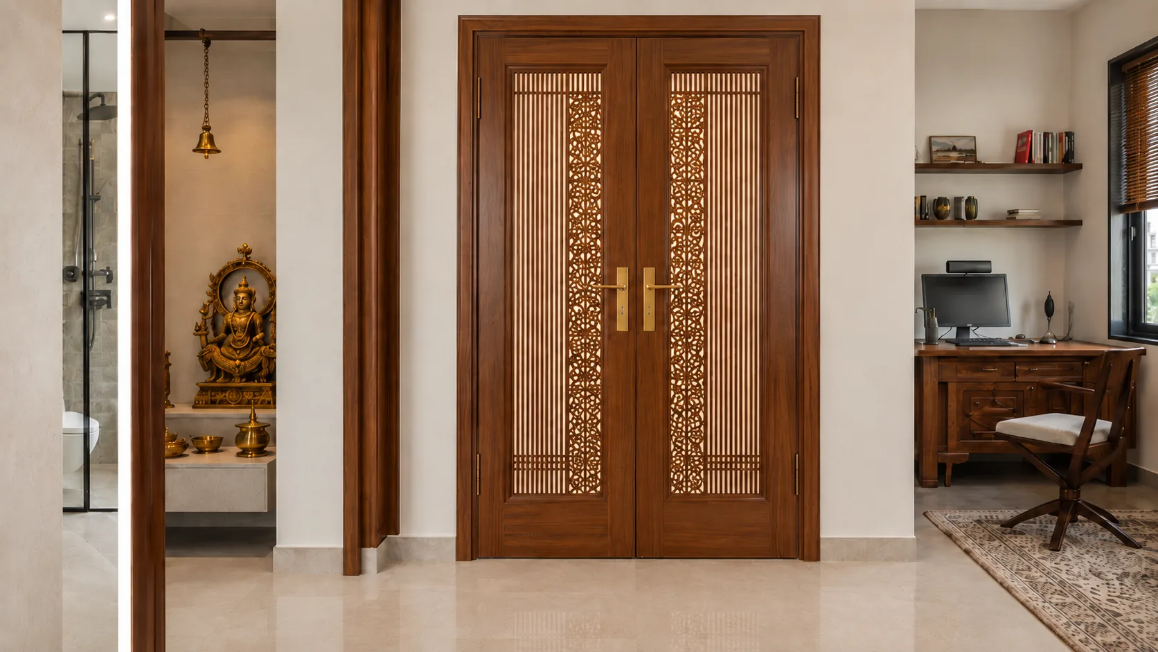 Traditional Entrance Double Door with Carved Jaali Panels | Interior Design Idea by IndecSpace