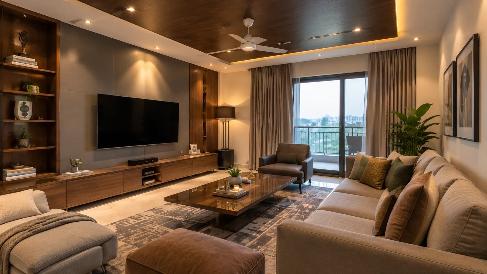 Contemporary Wood False Ceiling with a Rectangular Panel and Cove Lighting — view 1 | IndecSpace