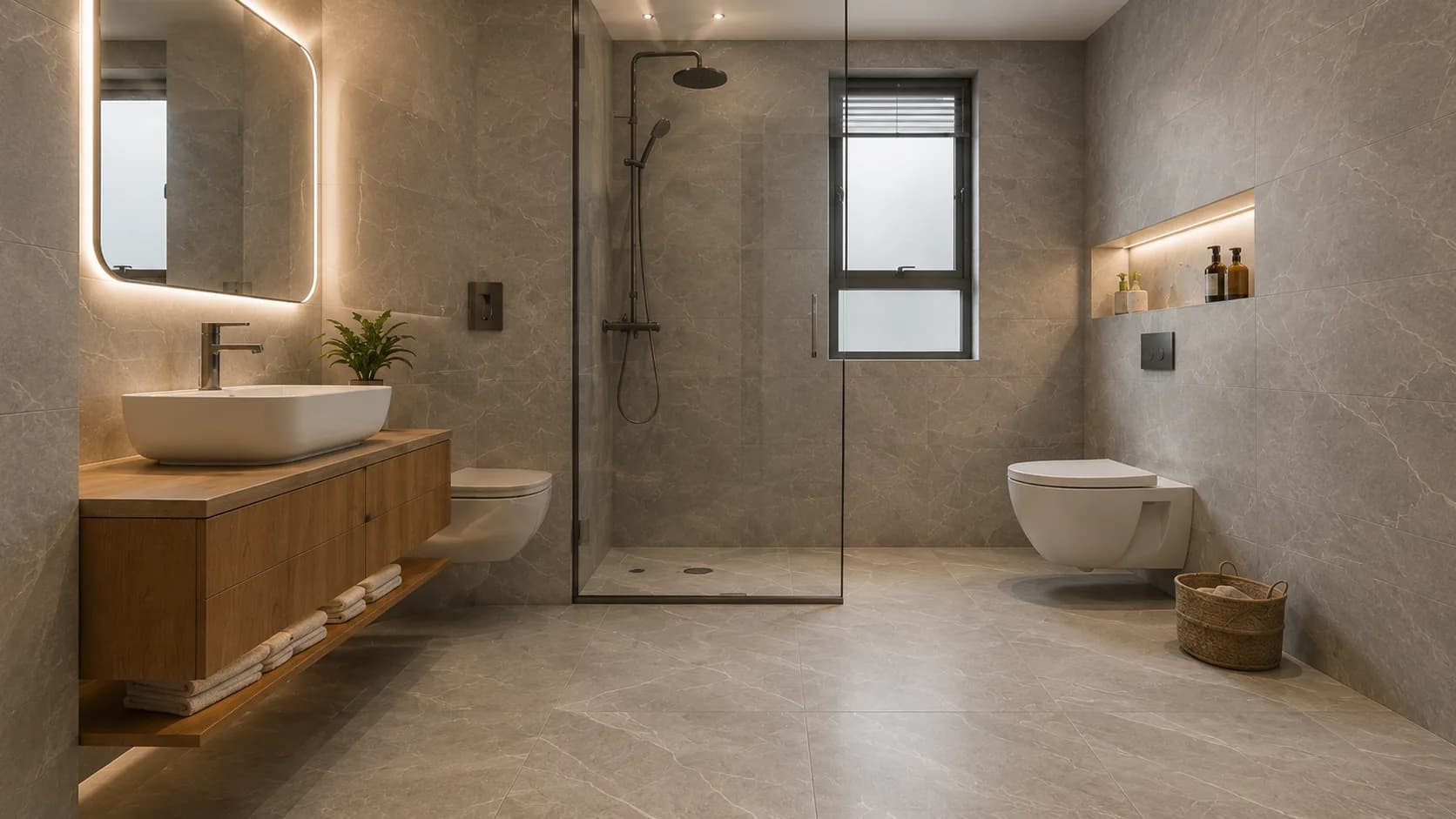 Contemporary Grey Marble-Look Bathroom Flooring in Large Format — view 1 | IndecSpace