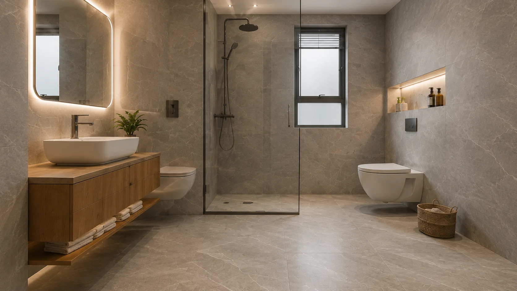 Contemporary Grey Marble-Look Bathroom Flooring in Large Format — view 1 | IndecSpace