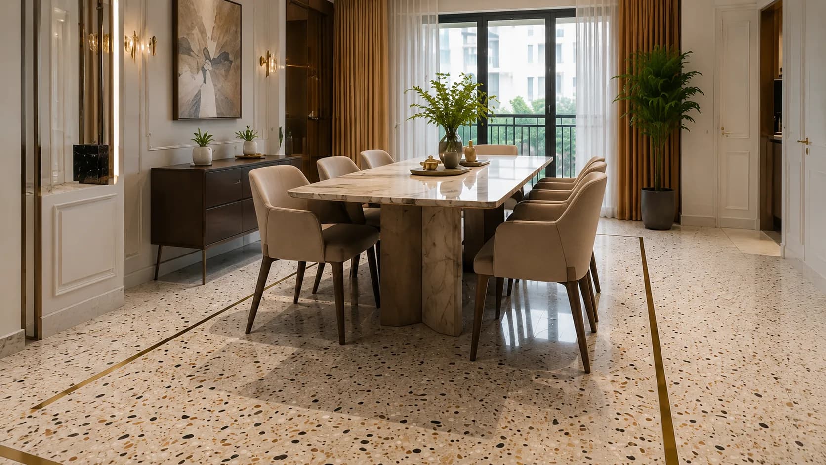 Contemporary Terrazzo Flooring with Multicolour Chips and Brass Inlay | Interior Design Idea by IndecSpace