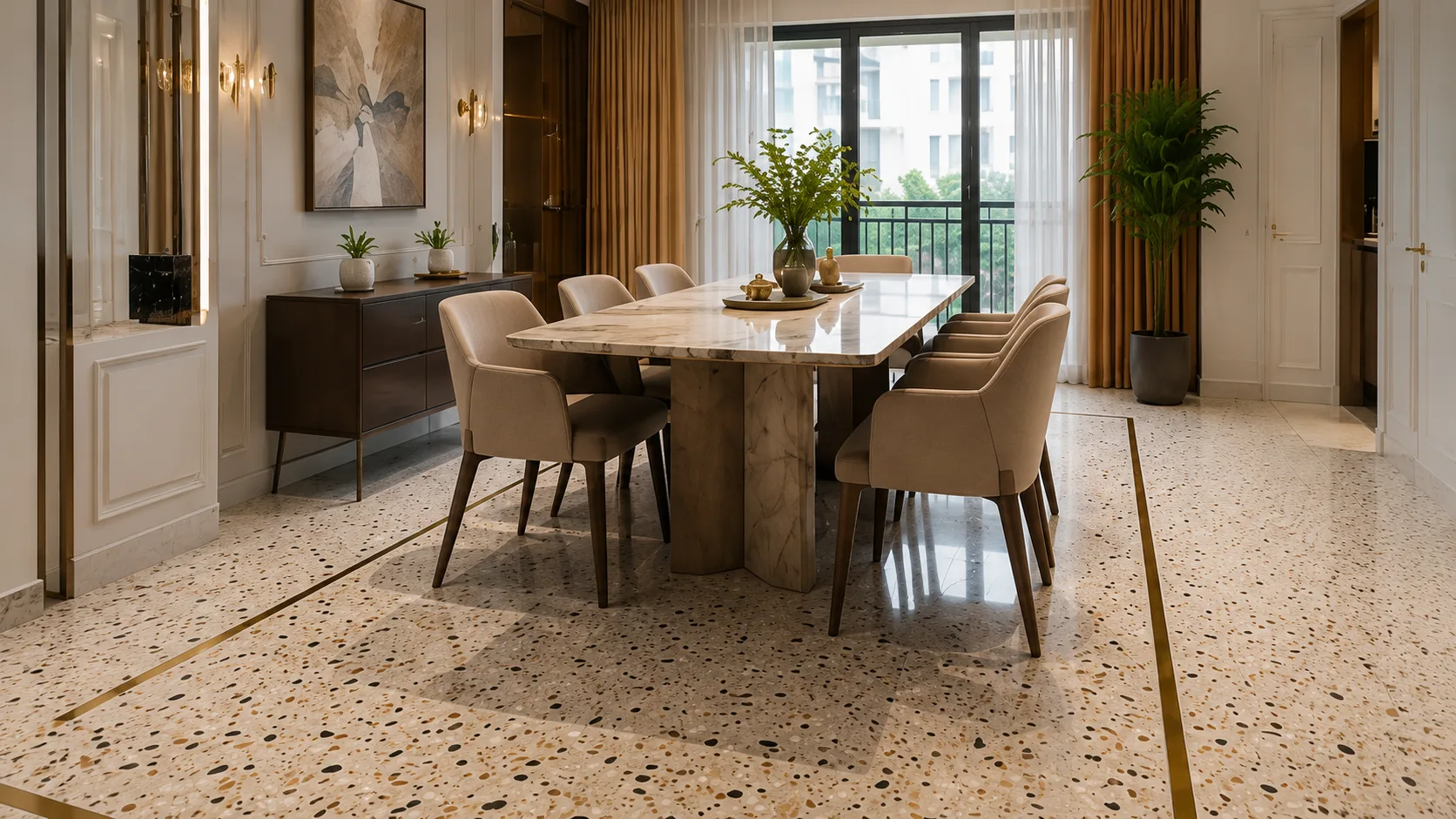 Contemporary Terrazzo Flooring with Multicolour Chips and Brass Inlay | Interior Design Idea by IndecSpace