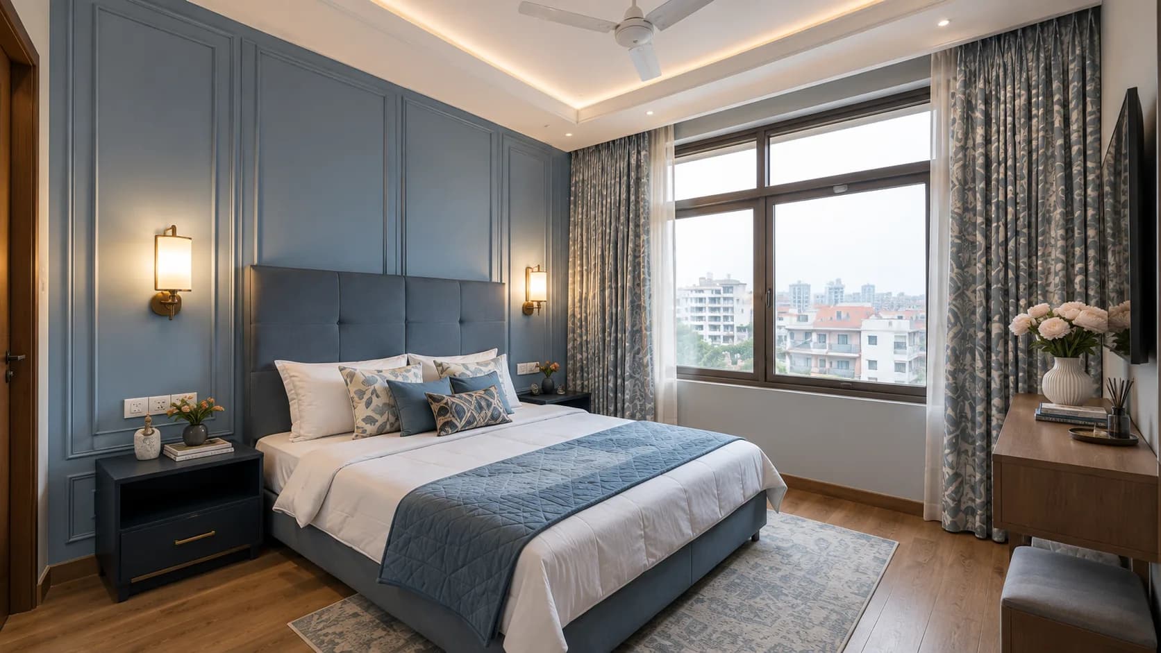 Classic Contemporary Guest Bedroom with Blue Wall Moulding and Patterned Curtains | Interior Design Idea by IndecSpace