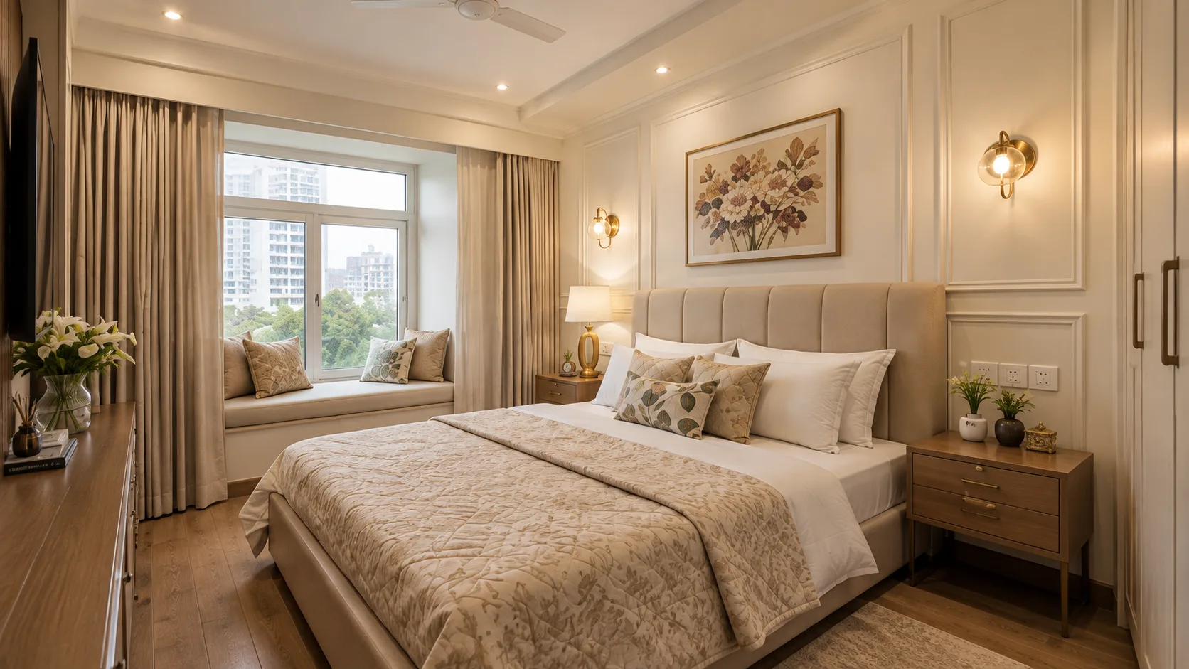 Classic Guest Bedroom with Cream Moulding and a Window Seat | Interior Design Idea by IndecSpace