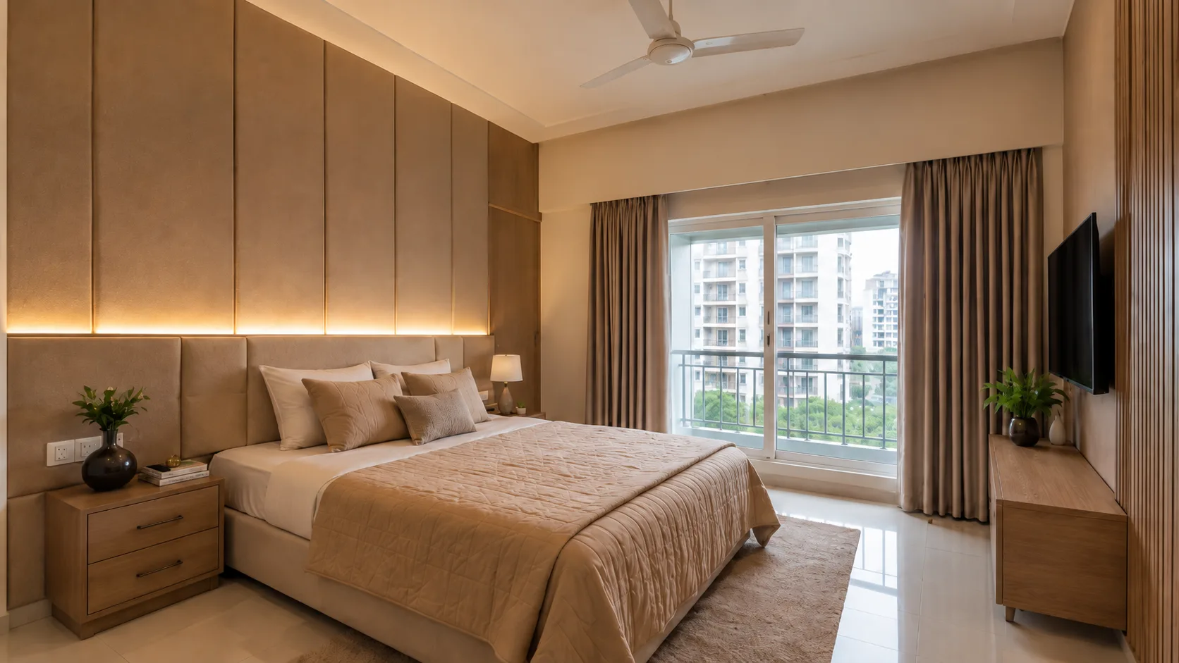 Contemporary Guest Bedroom with Beige Upholstered Panels and a Balcony View | Interior Design Idea by IndecSpace