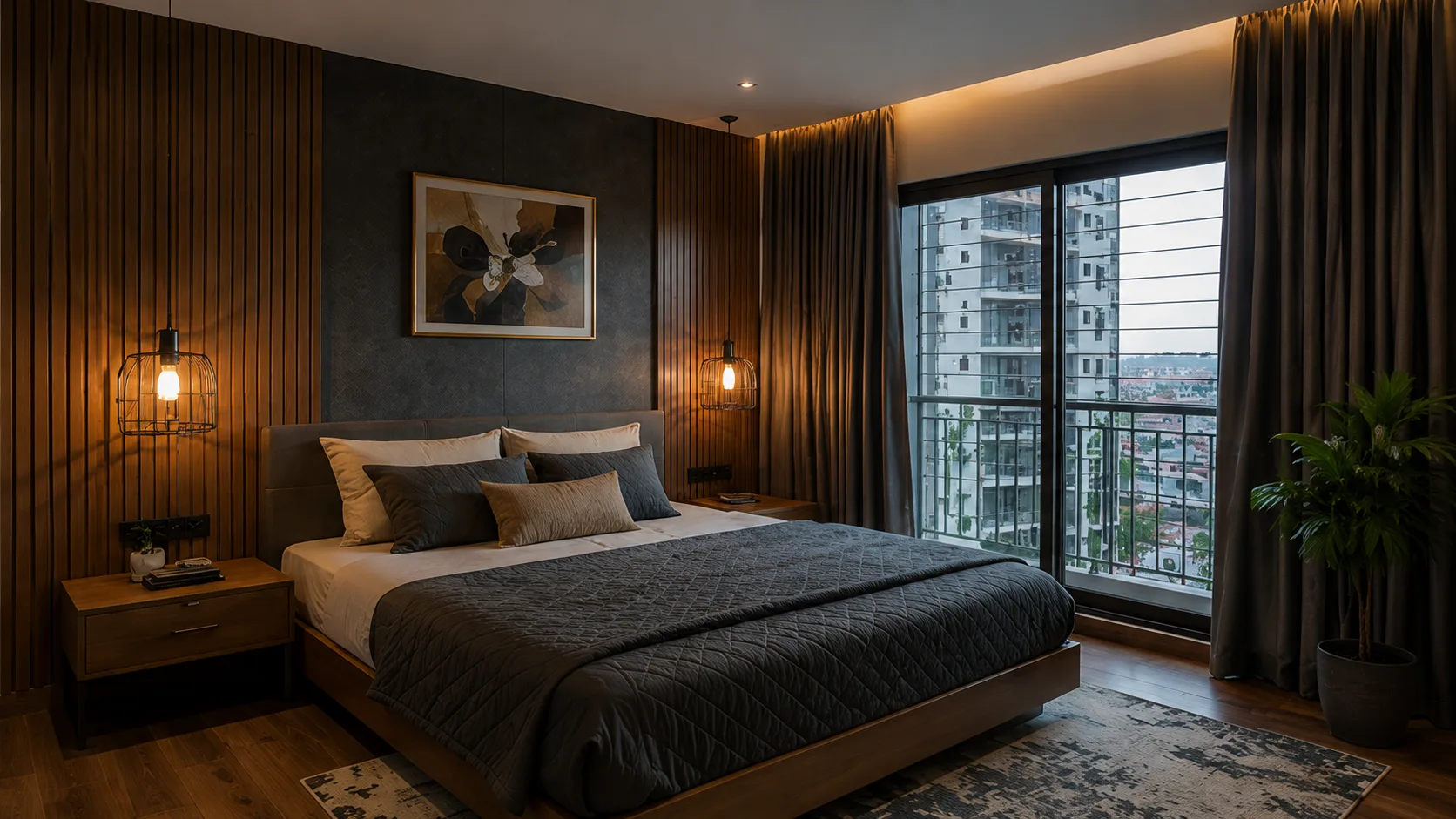 Dark Contemporary Guest Bedroom with a Walnut Slat Wall and Charcoal Bedding | Interior Design Idea by IndecSpace